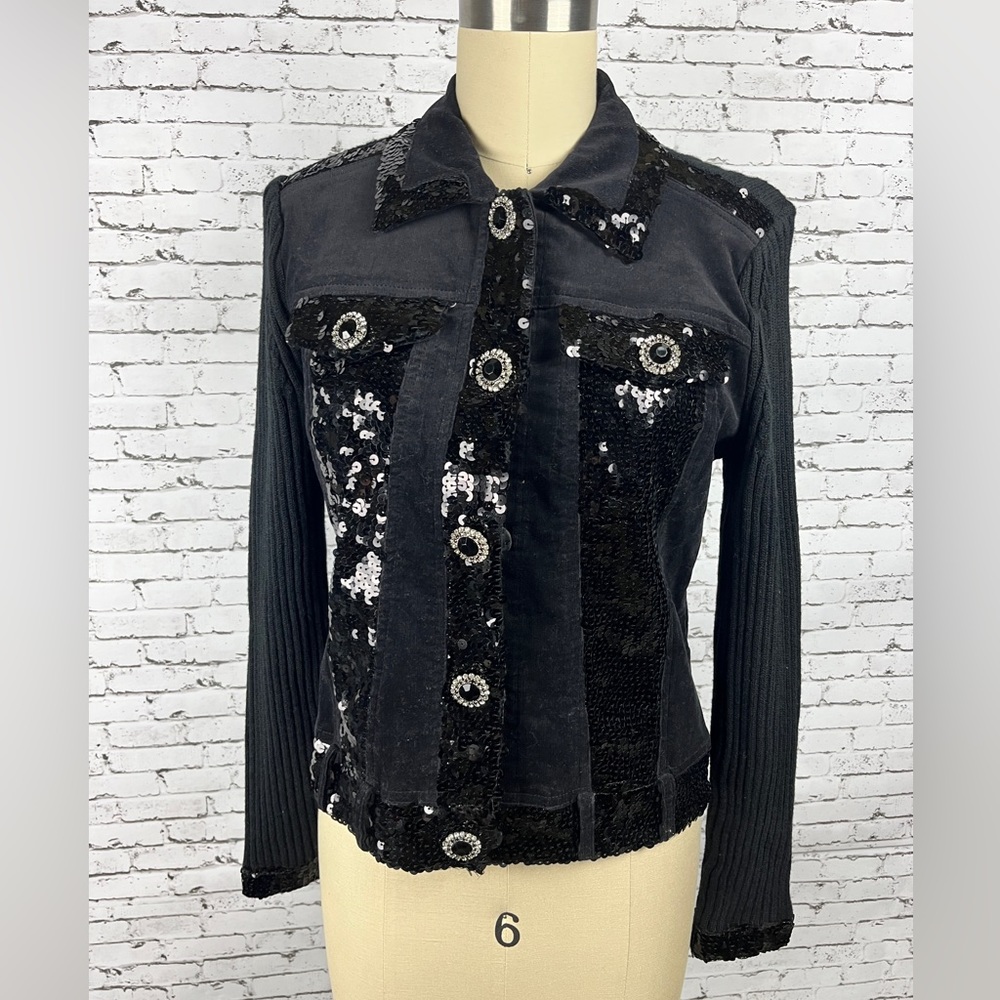 berek | black denim sequin jean jacket with knitted back petite size: MP